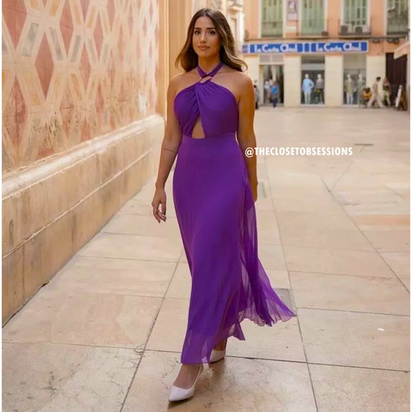ZARA Purple Halter Pleated Midi Dress NWT Gold Buckle Cutout, Size L, XL - Picture 13 of 16